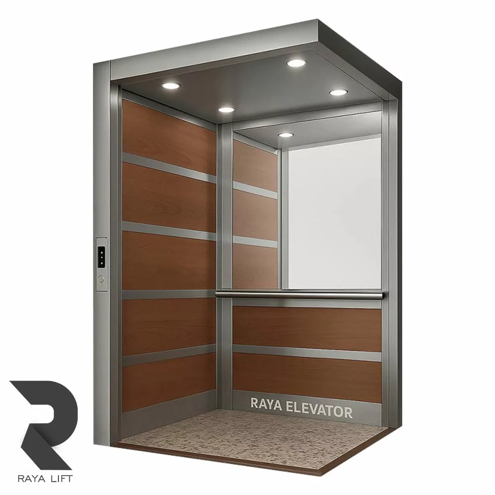 کابین آسانسور طرح ساوین استیل نقره ای و ام دی اف قهوه ای